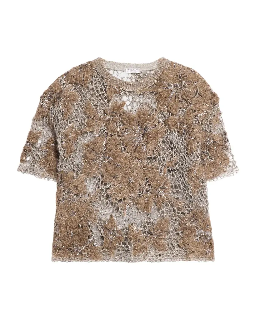 Brunello Cucinelli Mohair Diamante Floral Embroidered Mesh Sweater | Image 1 Brunello Cucinelli Mohair Diamante Floral Embroidered Mesh Sweater | Image 1