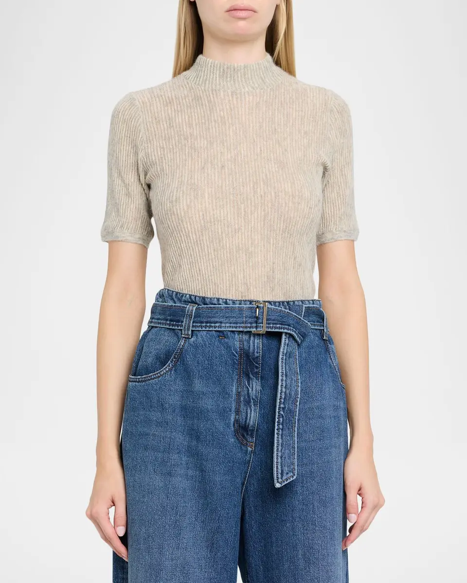 Brunello Cucinelli Mock-Neck Metallic Silk-Wool Short-Sleeve Sweater | Thumbnail 4