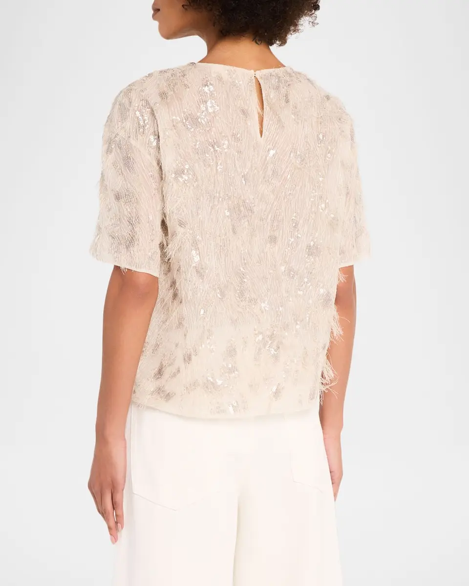 Brunello Cucinelli Animalier Sequined Fringe Silk Short-Sleeve Top | Thumbnail 3 Brunello Cucinelli Animalier Sequined Fringe Silk Short-Sleeve Top | Thumbnail 3
