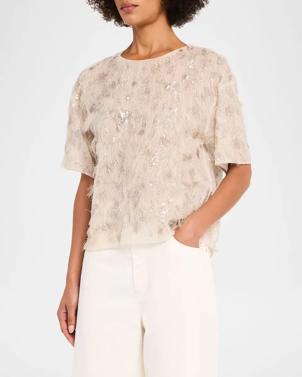 Brunello Cucinelli Animalier Sequined Fringe Silk Short-Sleeve Top | Thumbnail 4 Brunello Cucinelli Animalier Sequined Fringe Silk Short-Sleeve Top | Thumbnail 4