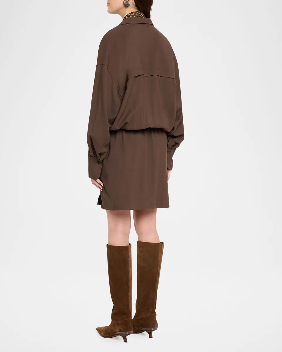 Brunello Cucinelli Fluid Wool Twill Drawstring Mini Dress | Thumbnail 3