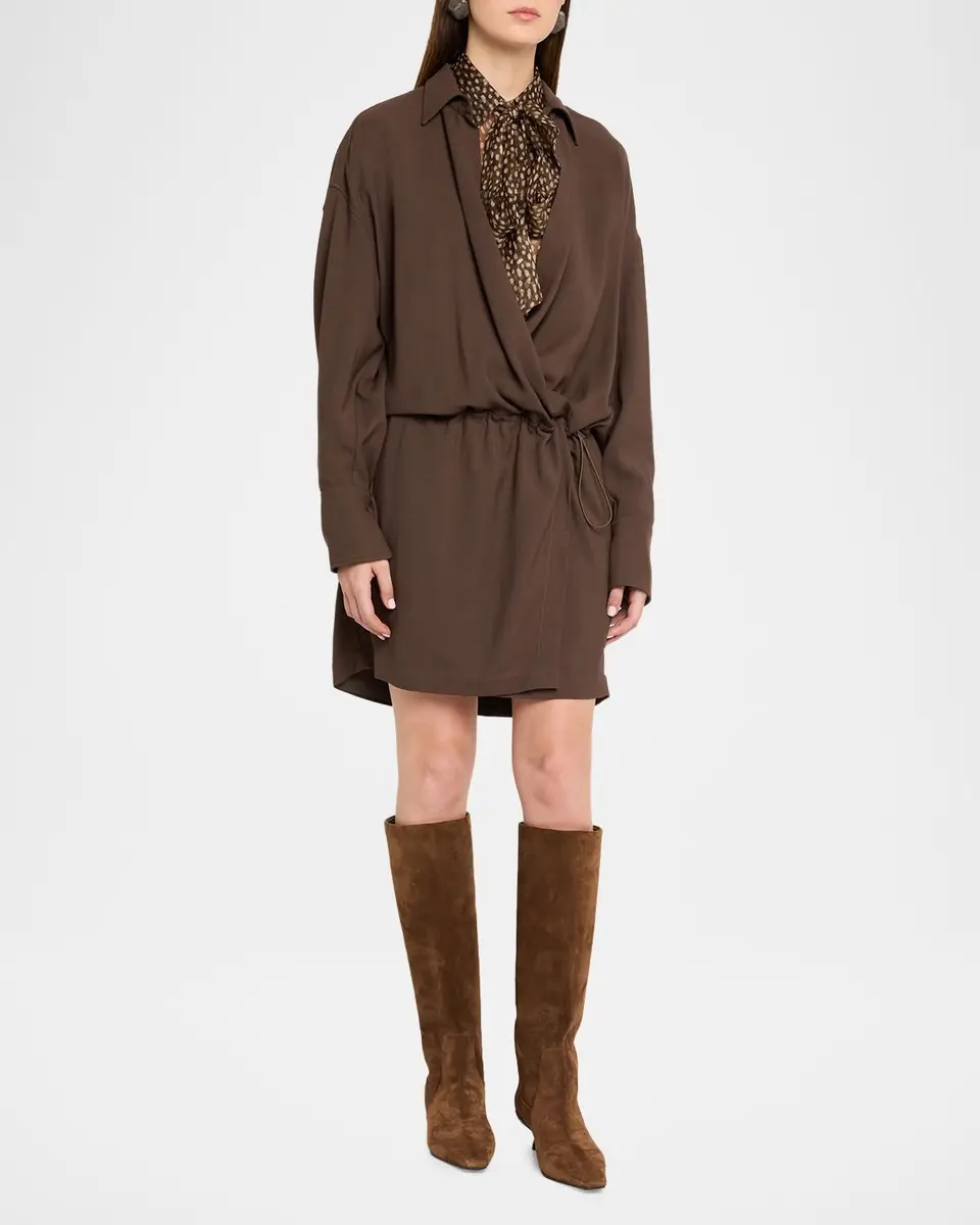 Brunello Cucinelli Fluid Wool Twill Drawstring Mini Dress | Thumbnail 4