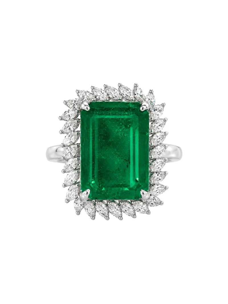 Wish Fine Jewelry 16.48ct Emerald Diamond 18K Gold Halo Cocktail Ring
