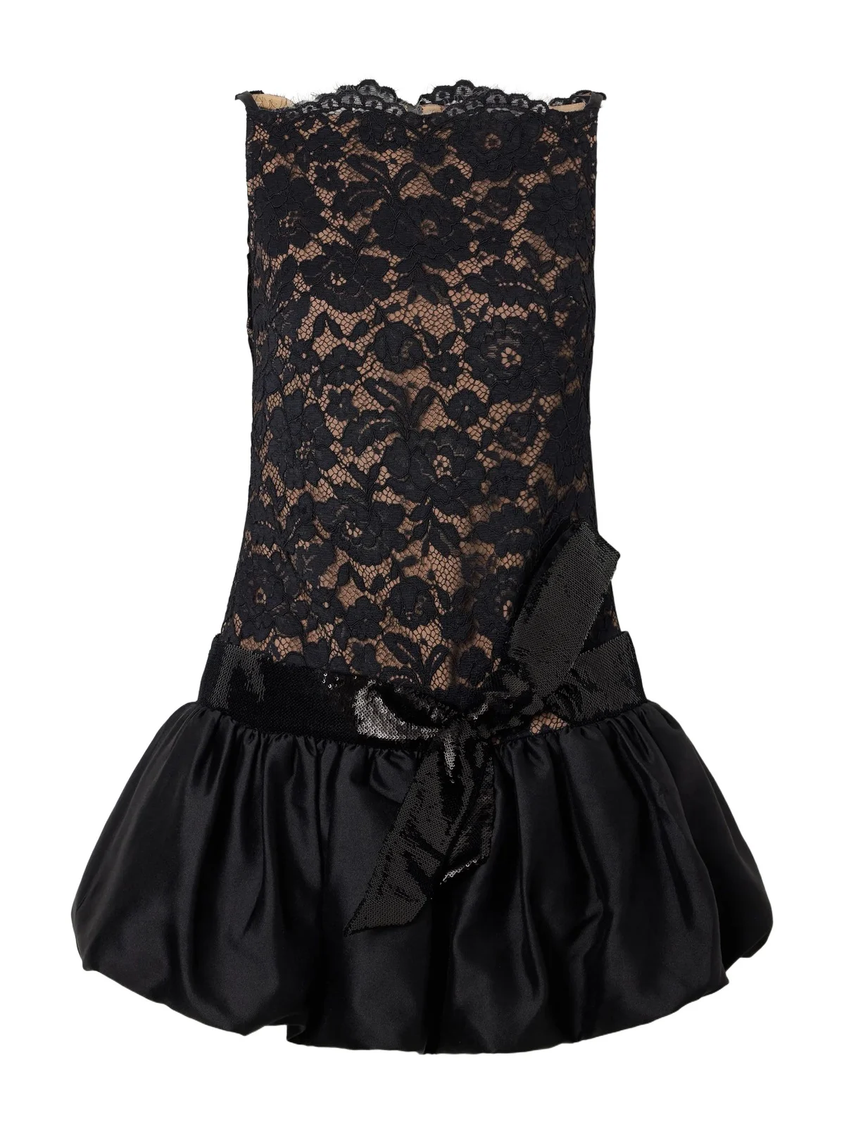 Sequined-trimmed Satin And Lace Mini Dress