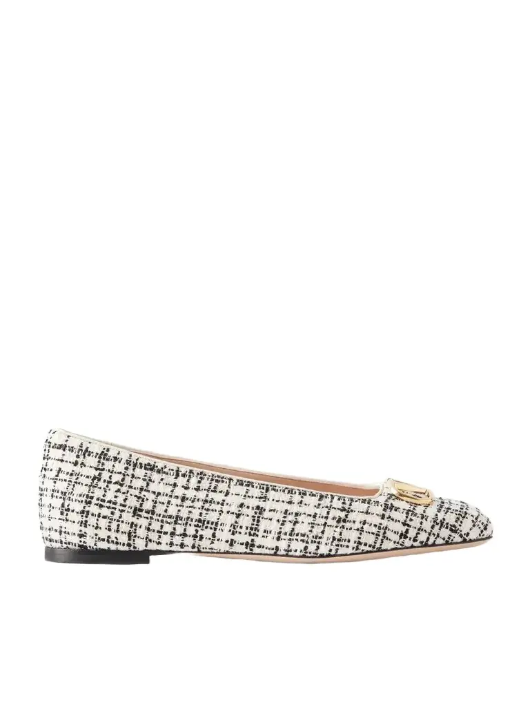 Valentino Garavani Vlogo Checked Leather-trimmed Bouclé Ballet Flats | Image 1 Valentino Garavani Vlogo Checked Leather-trimmed Bouclé Ballet Flats | Image 1