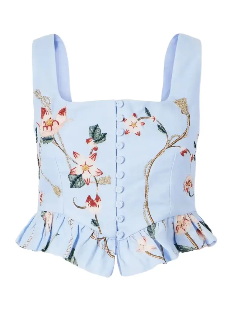 Agua by Agua Bendita Eslabón Navegante Floral-embroidered Linen Cropped Top | Image 1 Agua by Agua Bendita Eslabón Navegante Floral-embroidered Linen Cropped Top | Image 1