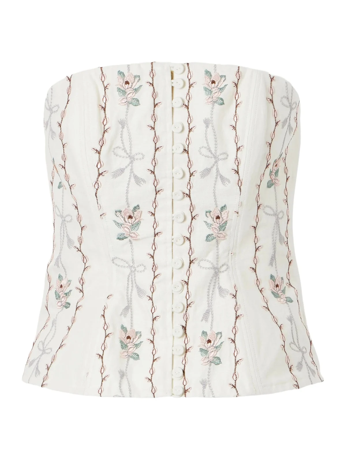 Agua by Agua Bendita Abelia Navegante Floral-embroidered Linen Bustier Top