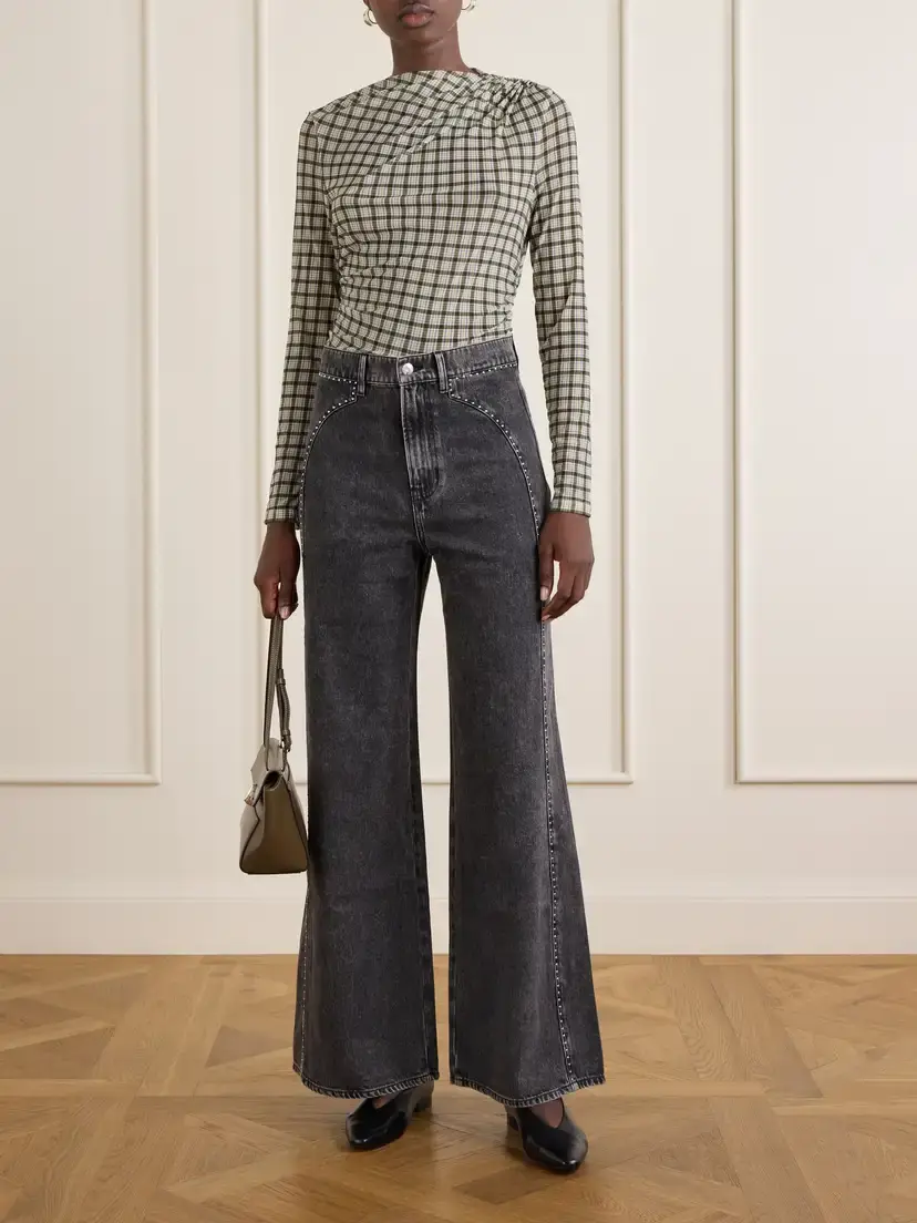 Veronica Beard Nuvina Gathered Checked Stretch-mesh Blouse | Thumbnail 2 Veronica Beard Nuvina Gathered Checked Stretch-mesh Blouse | Thumbnail 2