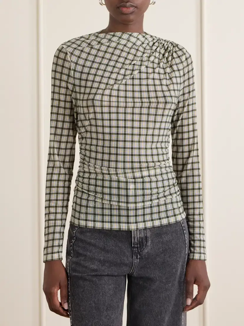 Veronica Beard Nuvina Gathered Checked Stretch-mesh Blouse | Thumbnail 3 Veronica Beard Nuvina Gathered Checked Stretch-mesh Blouse | Thumbnail 3