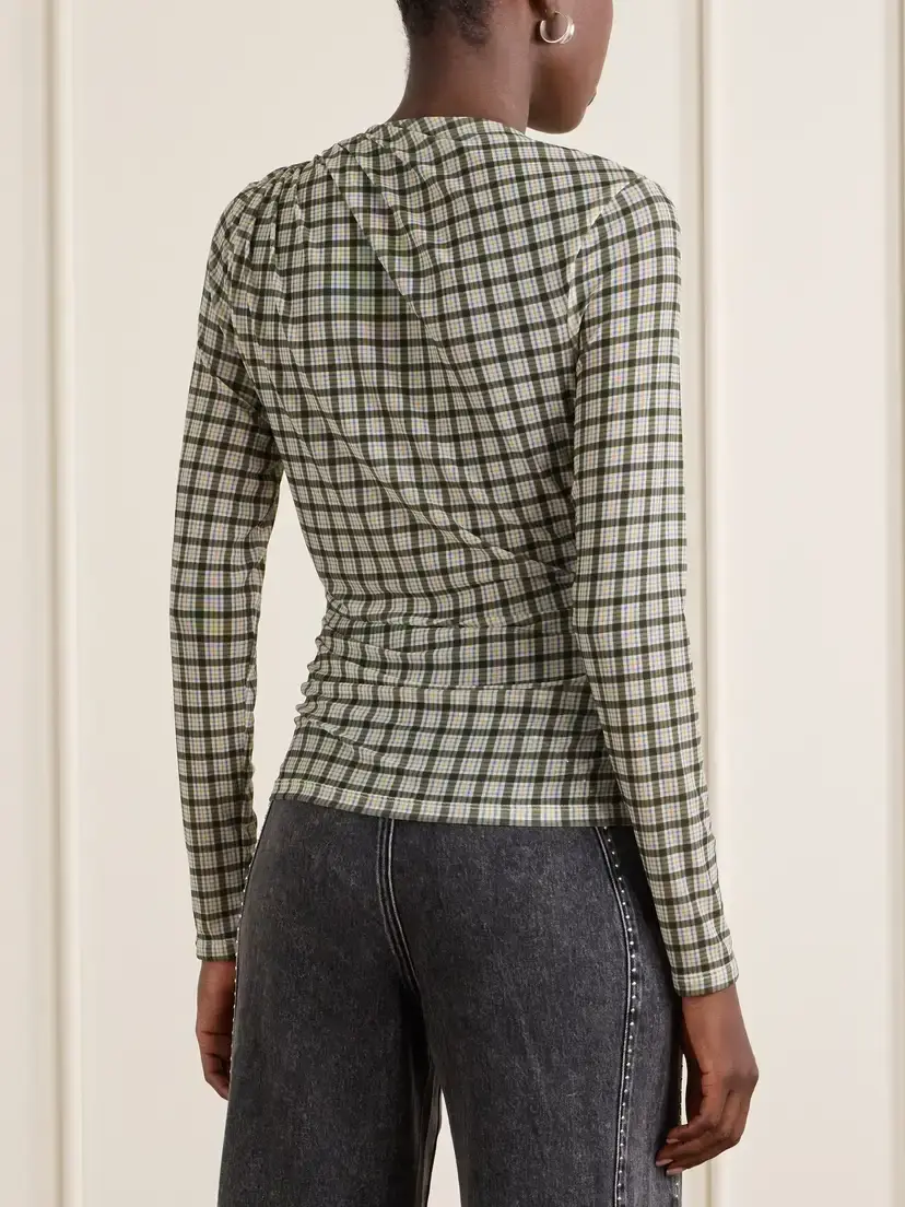 Veronica Beard Nuvina Gathered Checked Stretch-mesh Blouse | Thumbnail 4 Veronica Beard Nuvina Gathered Checked Stretch-mesh Blouse | Thumbnail 4