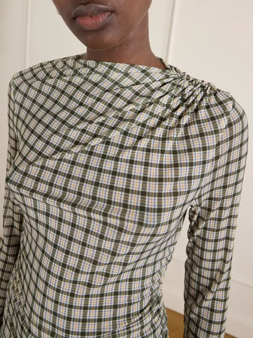 Veronica Beard Nuvina Gathered Checked Stretch-mesh Blouse | Thumbnail 5 Veronica Beard Nuvina Gathered Checked Stretch-mesh Blouse | Thumbnail 5