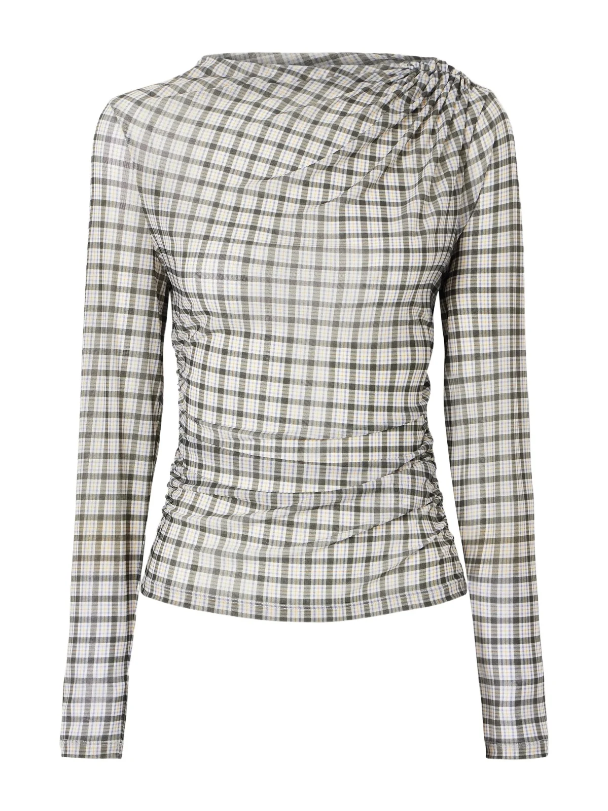 Nuvina Gathered Checked Stretch-mesh Blouse Nuvina Gathered Checked Stretch-mesh Blouse