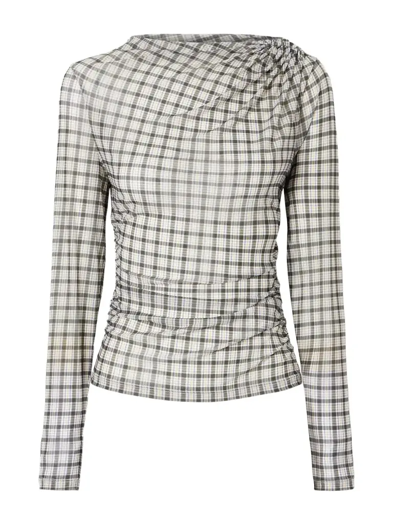 Veronica Beard Nuvina Gathered Checked Stretch-mesh Blouse