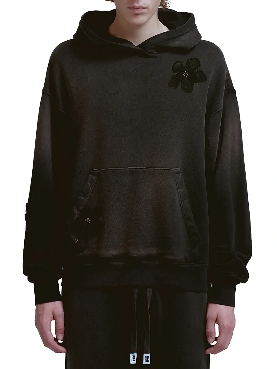 Nahmias Men's Flower-Patch Cotton Hoodie - Aged Black | Image 1 Nahmias Men's Flower-Patch Cotton Hoodie - Aged Black | Image 1
