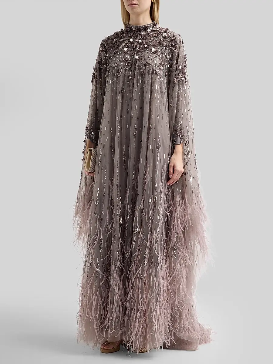 PAMELLA ROLAND Women's Embroidered Feathered Tulle Caftan Gown | Thumbnail 2
