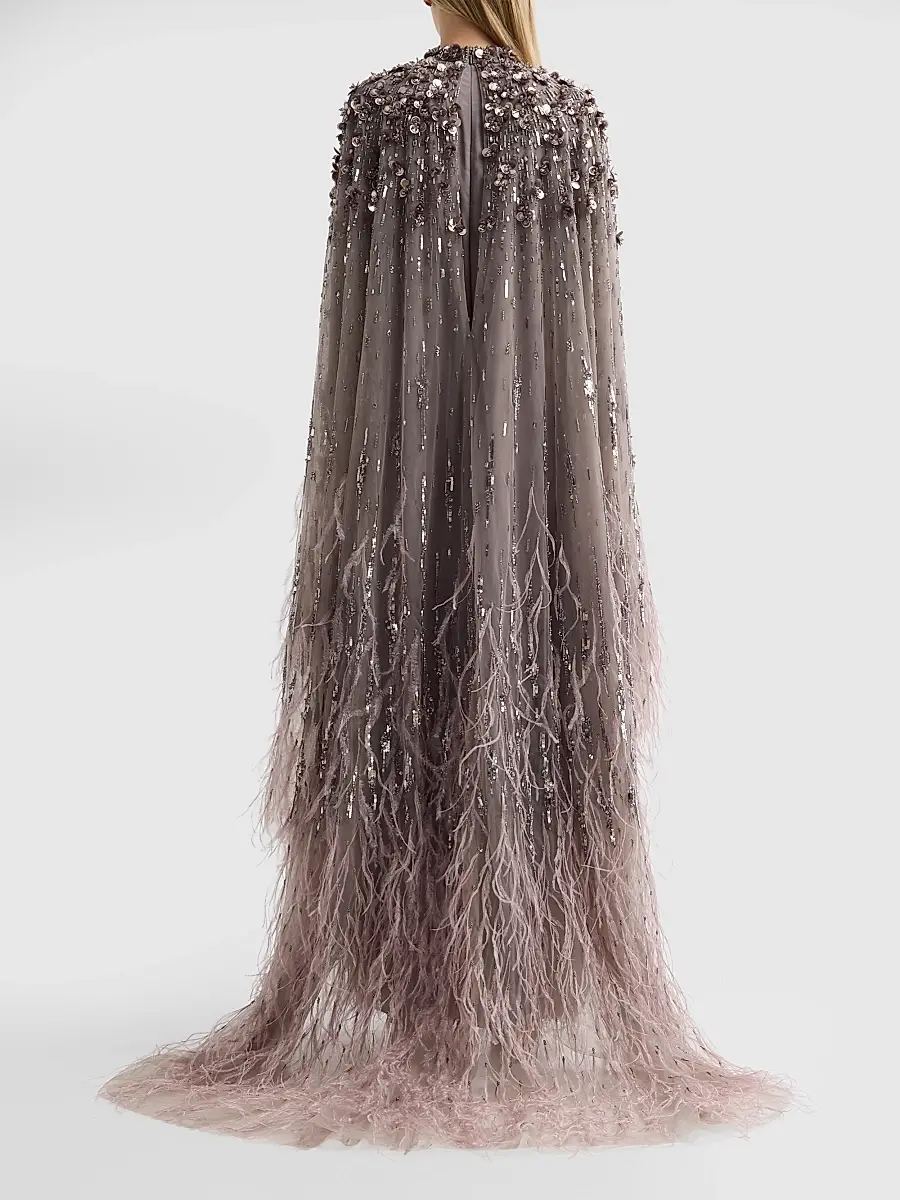 PAMELLA ROLAND Women's Embroidered Feathered Tulle Caftan Gown | Thumbnail 3