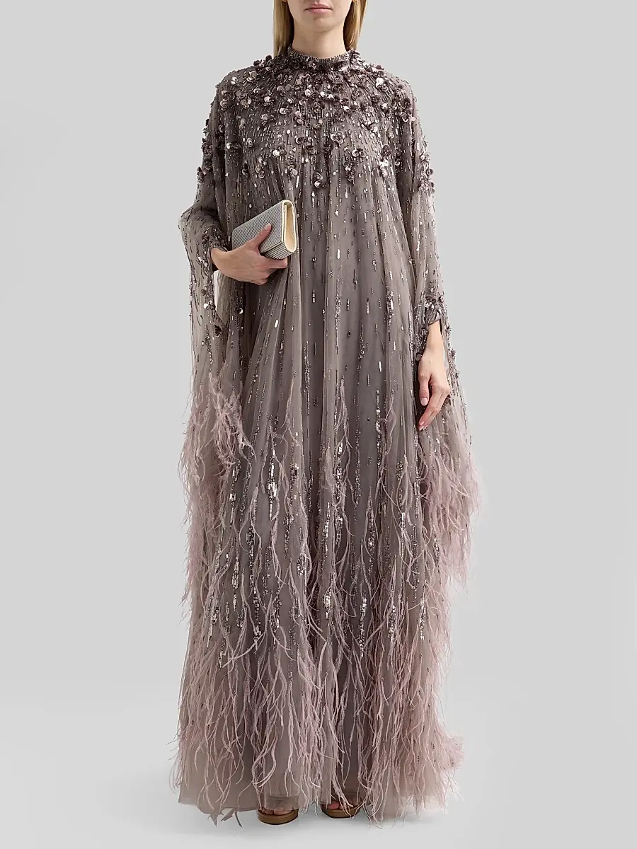 PAMELLA ROLAND Women's Embroidered Feathered Tulle Caftan Gown | Thumbnail 4