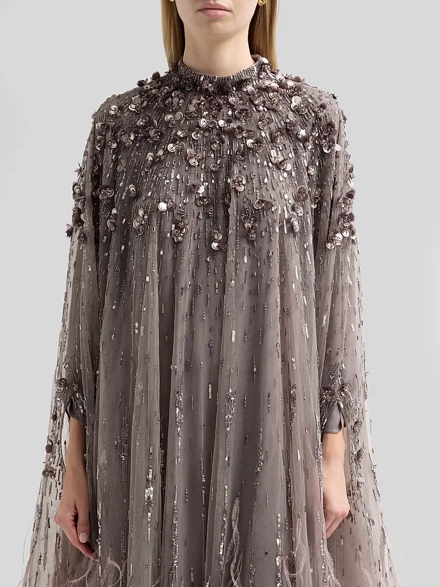 PAMELLA ROLAND Women's Embroidered Feathered Tulle Caftan Gown | Thumbnail 5