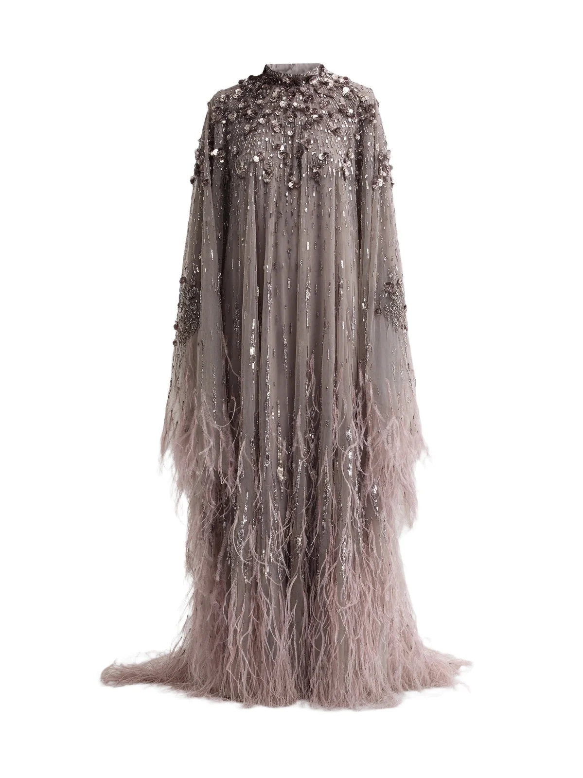 Women's Embroidered Feathered Tulle Caftan Gown