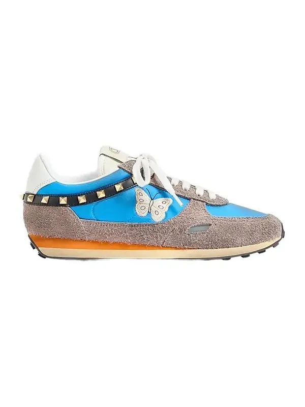 Men's Stud Up Sneakers in Split Leather and Nylon with Butterfly Embroidery - Azure Multicolor