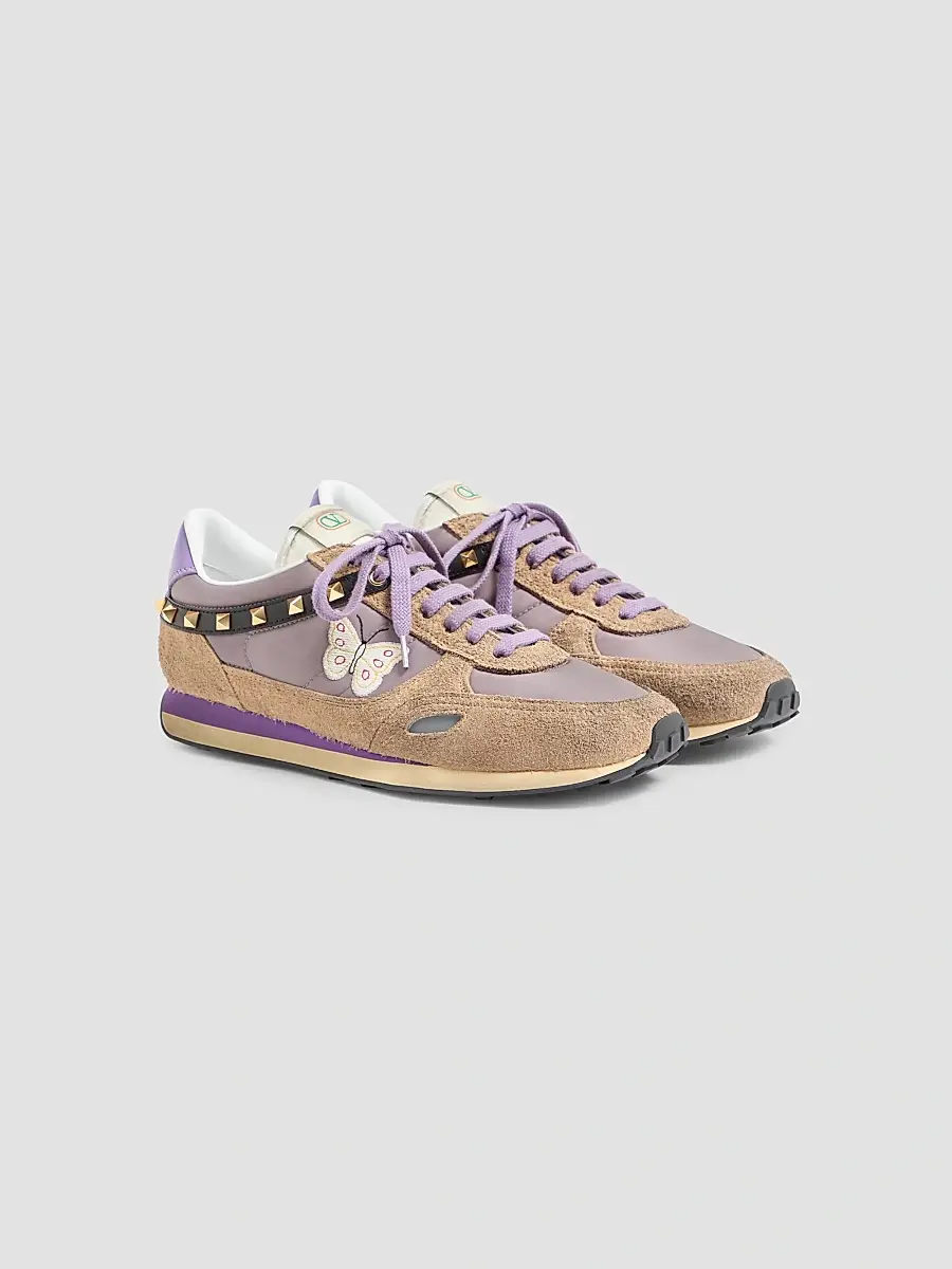 Valentino Men's Stud Up Sneakers in Split Leather and Nylon with Butterfly Embroidery | Thumbnail 2
