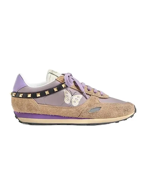 Valentino Men's Stud Up Sneakers in Split Leather and Nylon with Butterfly Embroidery - Lilac Multicolor
