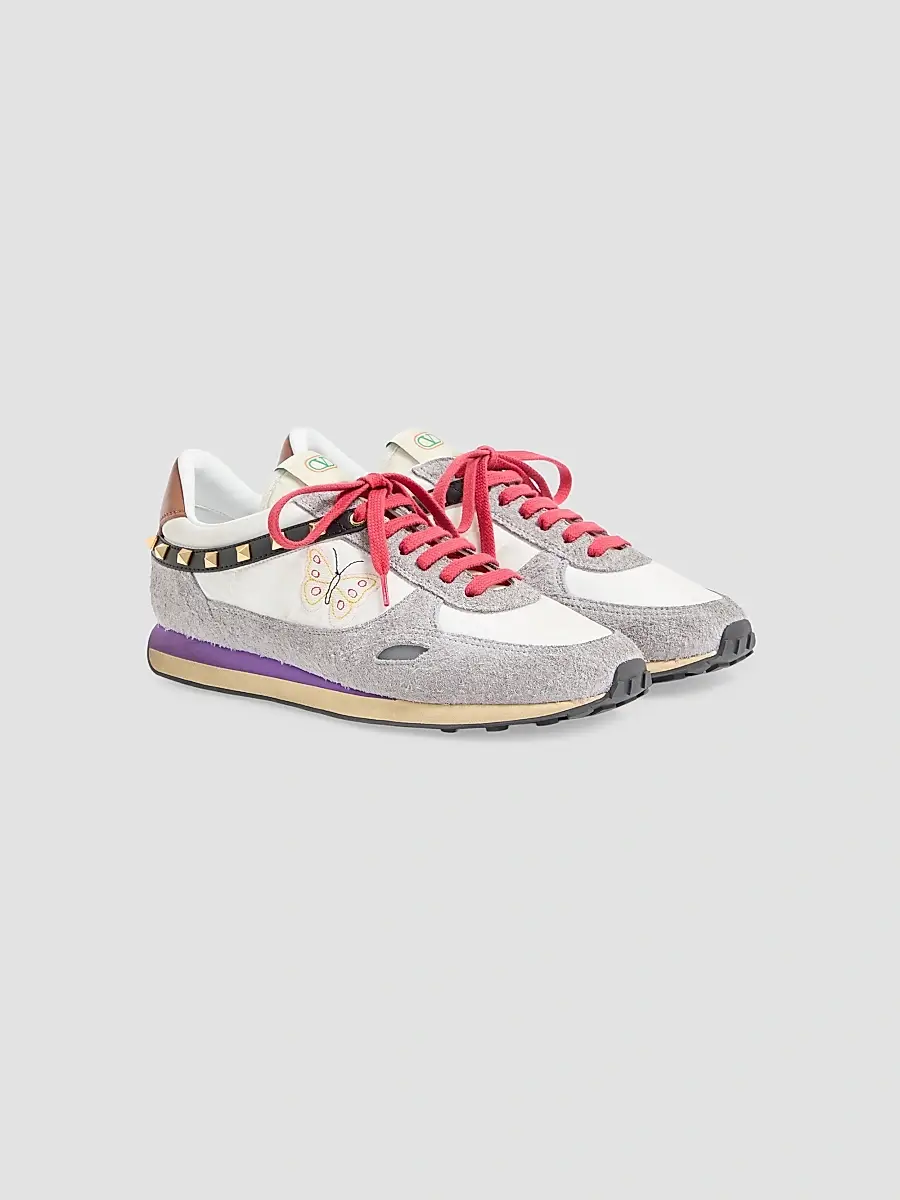 Valentino Men's Stud Up Sneakers in Split Leather and Nylon with Butterfly Embroidery | Thumbnail 2