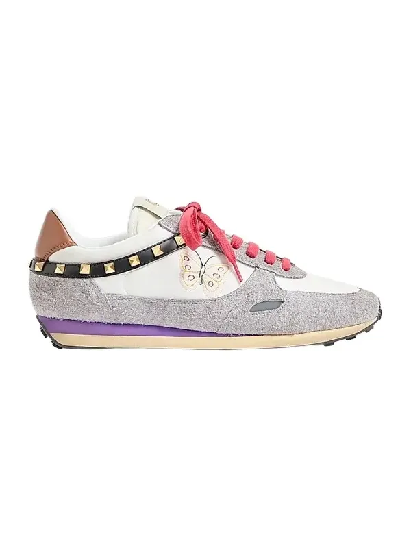 Men's Stud Up Sneakers in Split Leather and Nylon with Butterfly Embroidery - White Multicolor