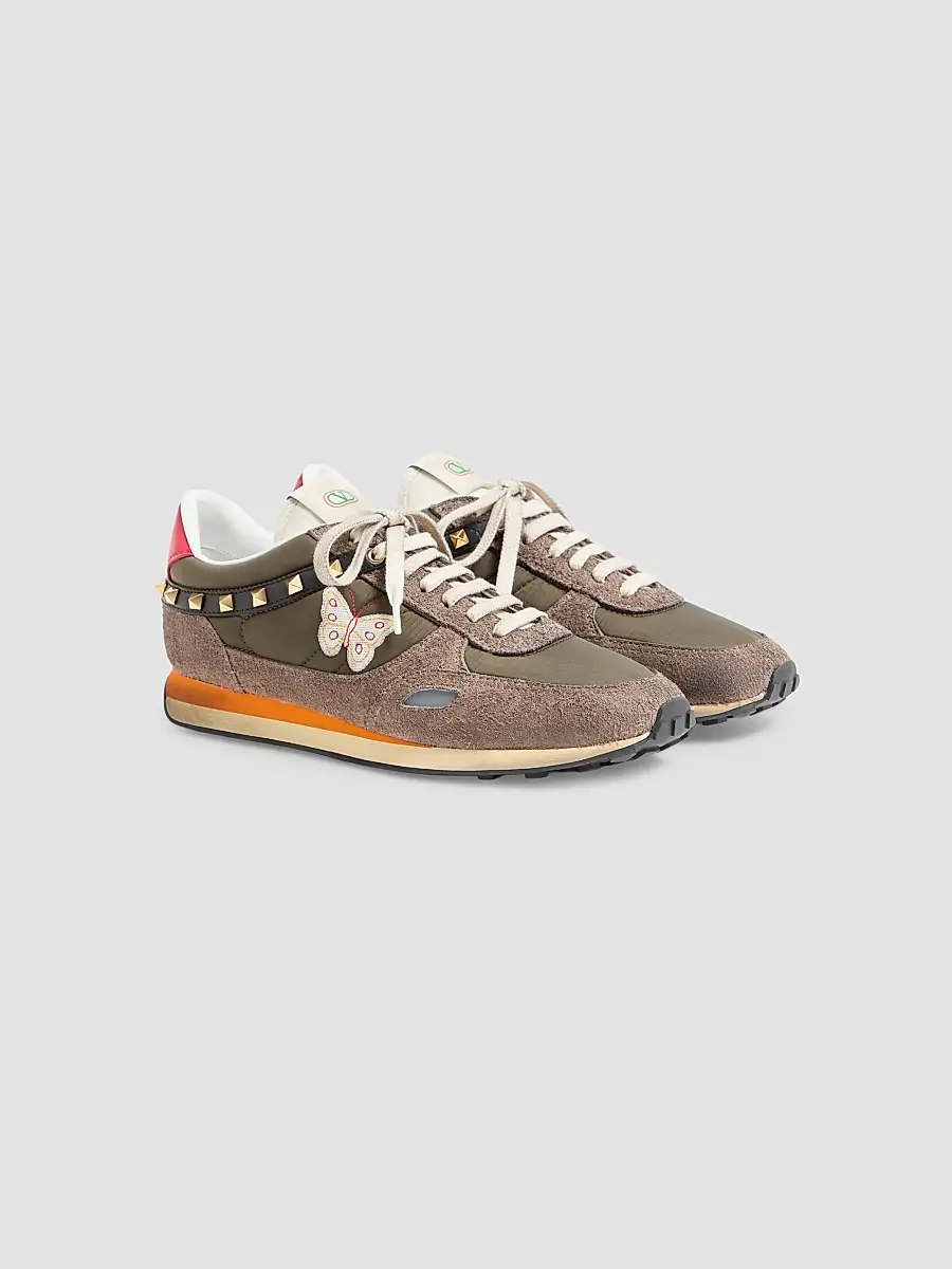 Valentino Men's Stud Up Sneakers in Split Leather and Nylon with Butterfly Embroidery | Thumbnail 2