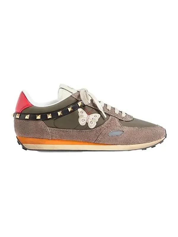Men's Stud Up Sneakers in Split Leather and Nylon with Butterfly Embroidery - Olive Green Multicolour