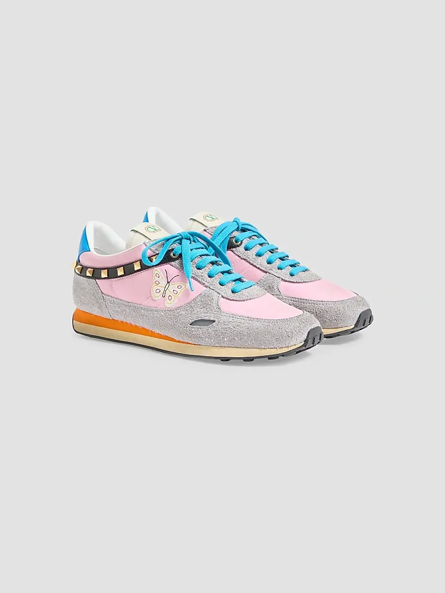 Valentino Men's Stud Up Sneakers in Split Leather and Nylon with Butterfly Embroidery | Thumbnail 2
