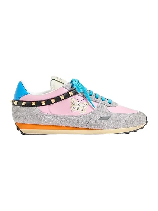 Valentino Men's Stud Up Sneakers in Split Leather and Nylon with Butterfly Embroidery - Pink Multicolor