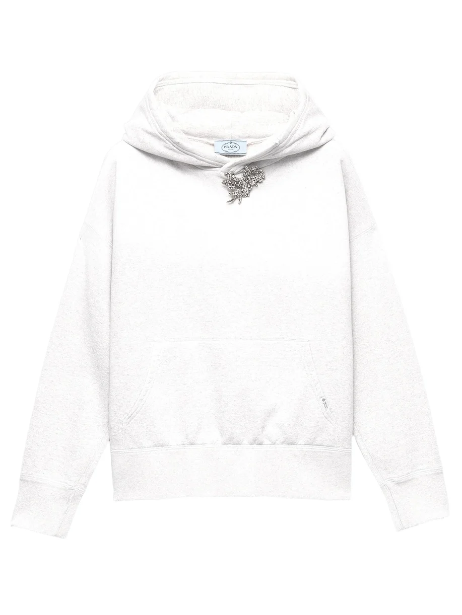 Prada Women's Cotton Fleece Hoodie with Jewel Brooch - Grey