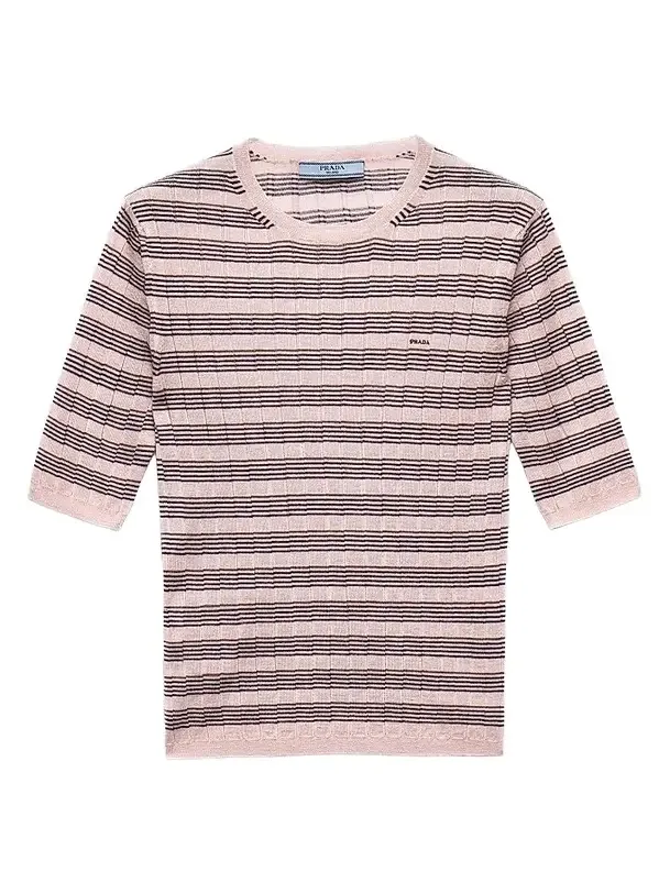Women's Short-Sleeved Striped Cashmere and Silk Sweater - Pink Women's Short-Sleeved Striped Cashmere and Silk Sweater - Pink