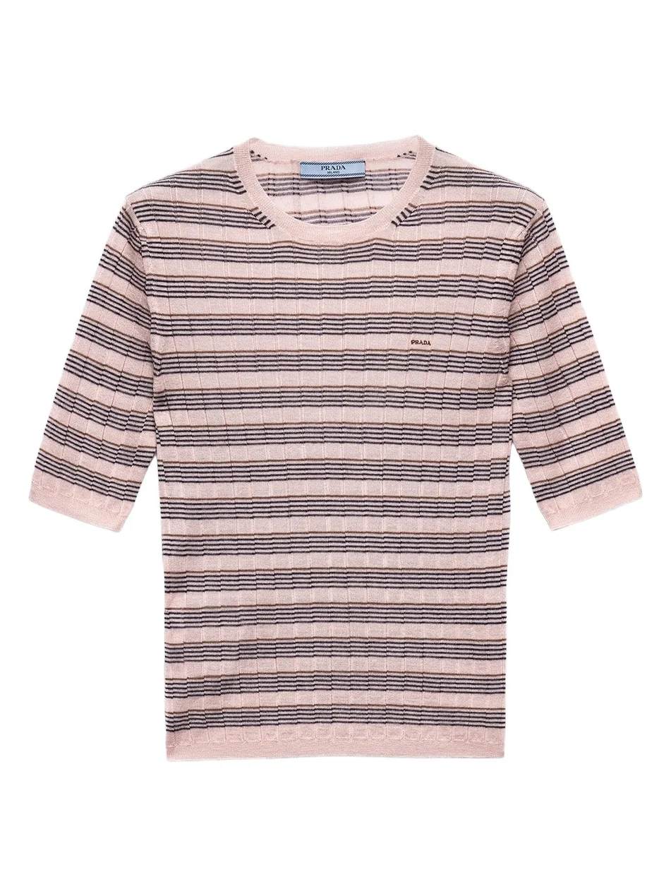 Women's Short-Sleeved Striped Cashmere and Silk Sweater - Pink Women's Short-Sleeved Striped Cashmere and Silk Sweater - Pink
