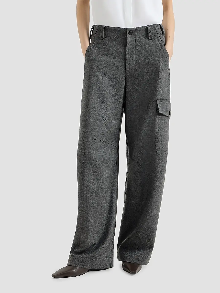 Brunello Cucinelli Women's Virgin Wool Twill Cargo Barrel Trousers with Monili - Dark Grey | Thumbnail 2 Brunello Cucinelli Women's Virgin Wool Twill Cargo Barrel Trousers with Monili - Dark Grey | Thumbnail 2