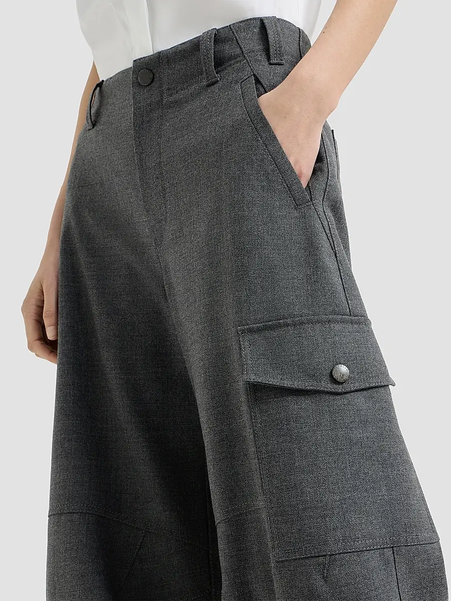 Brunello Cucinelli Women's Virgin Wool Twill Cargo Barrel Trousers with Monili - Dark Grey | Thumbnail 4 Brunello Cucinelli Women's Virgin Wool Twill Cargo Barrel Trousers with Monili - Dark Grey | Thumbnail 4