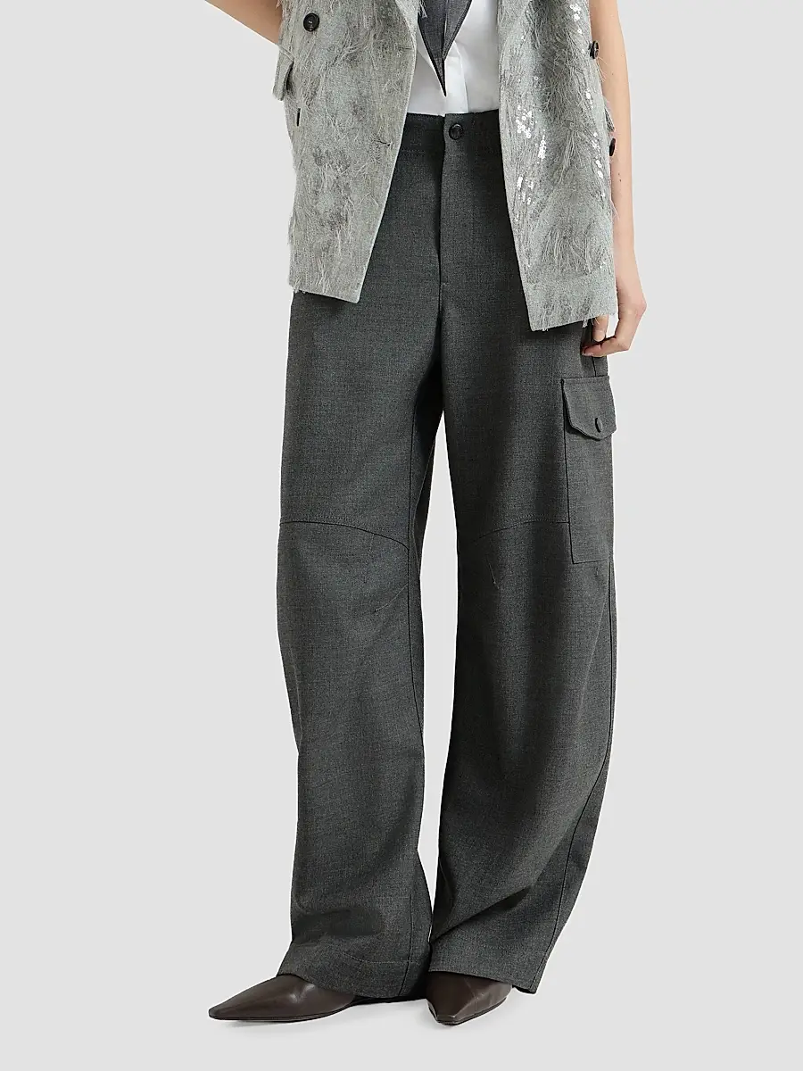 Brunello Cucinelli Women's Virgin Wool Twill Cargo Barrel Trousers with Monili - Dark Grey | Thumbnail 5 Brunello Cucinelli Women's Virgin Wool Twill Cargo Barrel Trousers with Monili - Dark Grey | Thumbnail 5