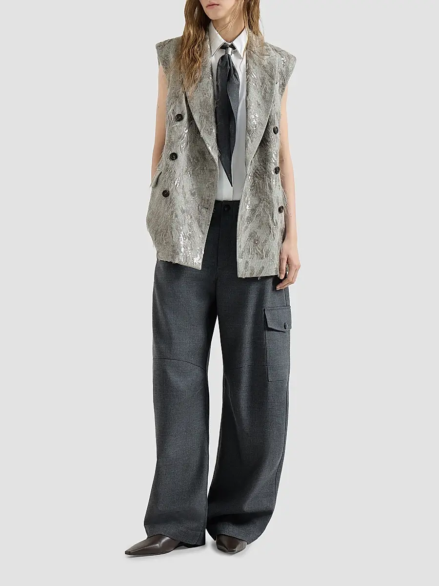 Brunello Cucinelli Women's Virgin Wool Twill Cargo Barrel Trousers with Monili - Dark Grey | Thumbnail 6 Brunello Cucinelli Women's Virgin Wool Twill Cargo Barrel Trousers with Monili - Dark Grey | Thumbnail 6