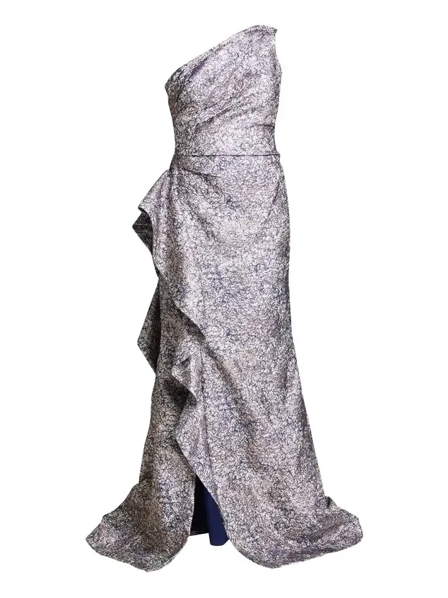 One-Shoulder Jacquard Side-Ruffle Gown One-Shoulder Jacquard Side-Ruffle Gown