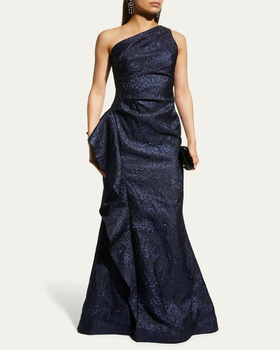 Rickie Freeman for Teri Jon One-Shoulder Jacquard Side-Ruffle Gown | Thumbnail 4 Rickie Freeman for Teri Jon One-Shoulder Jacquard Side-Ruffle Gown | Thumbnail 4