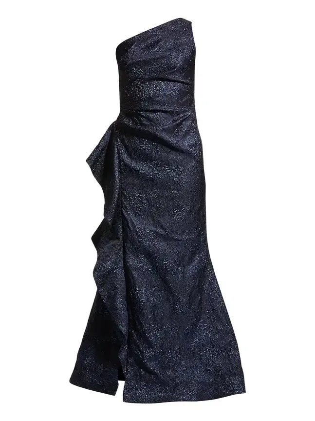 One-Shoulder Jacquard Side-Ruffle Gown One-Shoulder Jacquard Side-Ruffle Gown