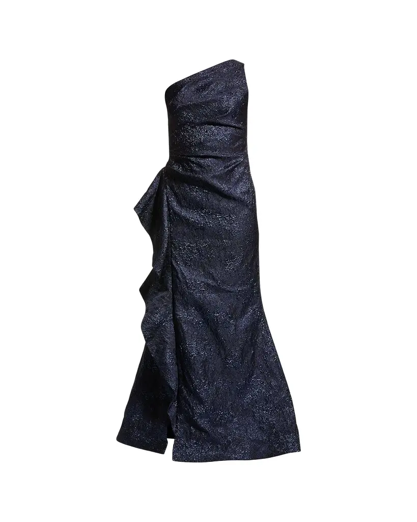 Rickie Freeman for Teri Jon One-Shoulder Jacquard Side-Ruffle Gown | Image 1 Rickie Freeman for Teri Jon One-Shoulder Jacquard Side-Ruffle Gown | Image 1