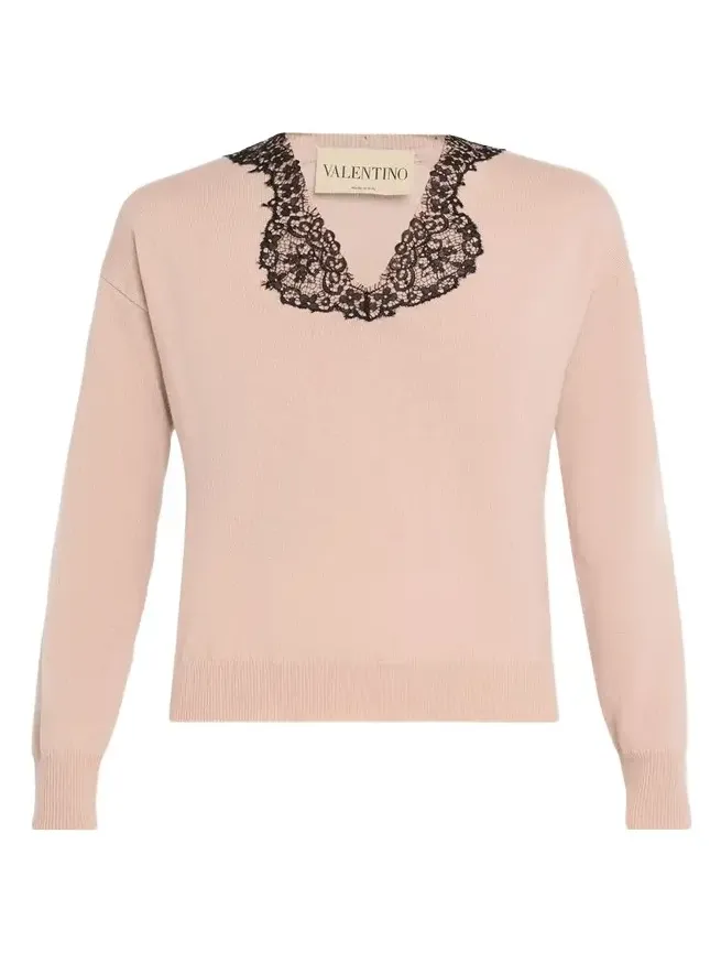 Lace-Trim V-Neck Cashmere Sweater Lace-Trim V-Neck Cashmere Sweater