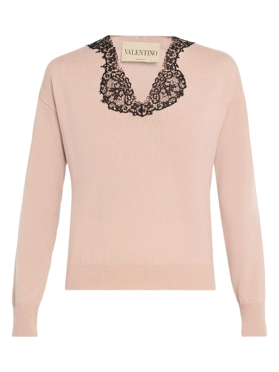 Lace-Trim V-Neck Cashmere Sweater