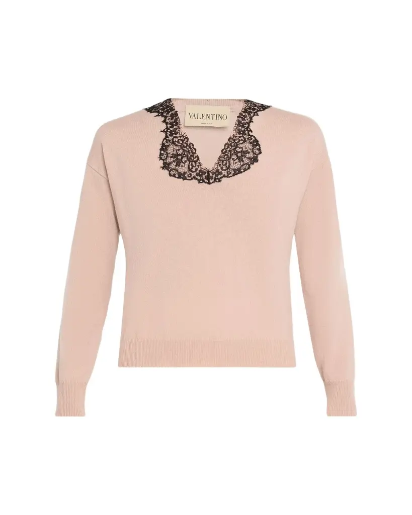 Valentino Garavani Lace-Trim V-Neck Cashmere Sweater | Image 1 Valentino Garavani Lace-Trim V-Neck Cashmere Sweater | Image 1