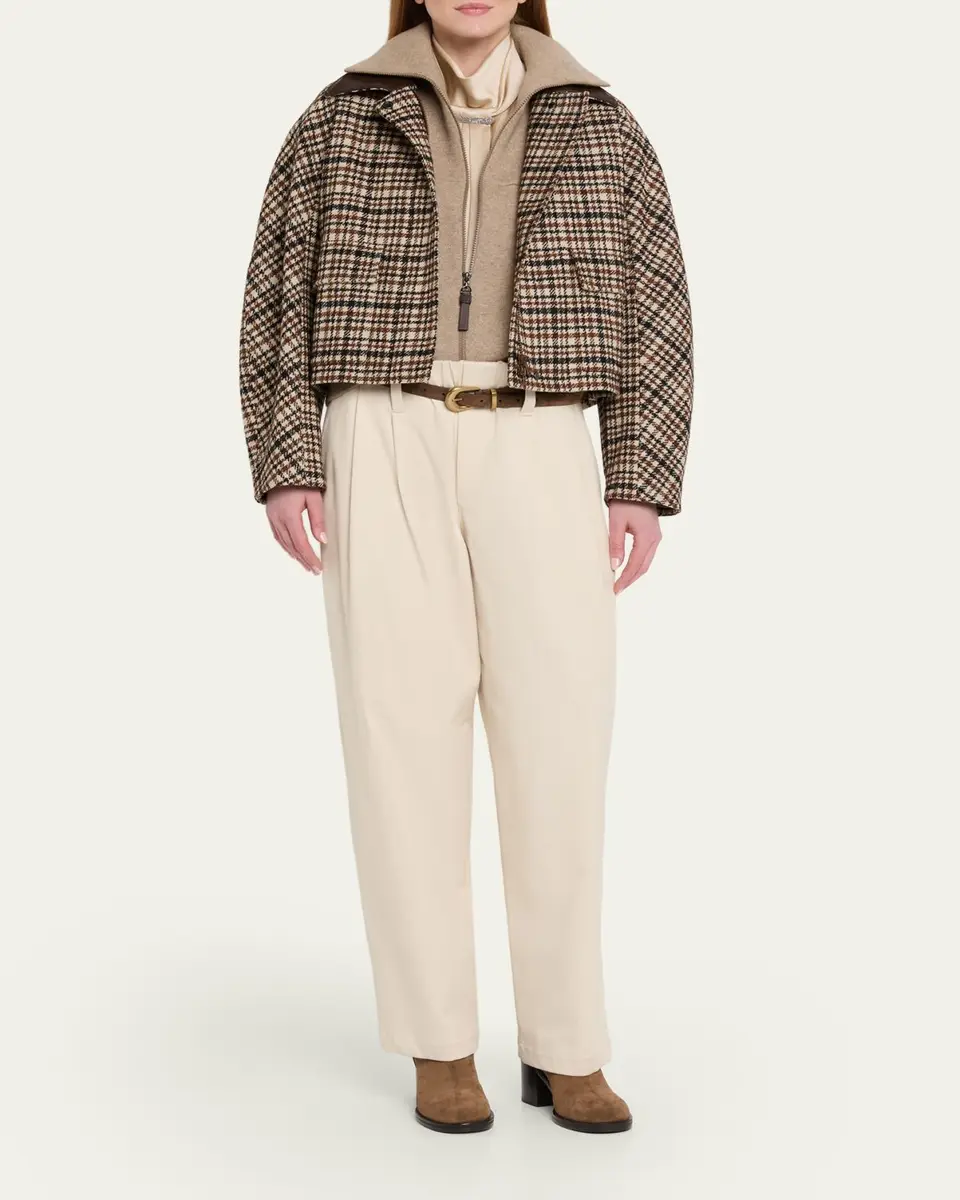 Brunello Cucinelli Leather-Collar Check Boxy Car Coat | Thumbnail 2 Brunello Cucinelli Leather-Collar Check Boxy Car Coat | Thumbnail 2