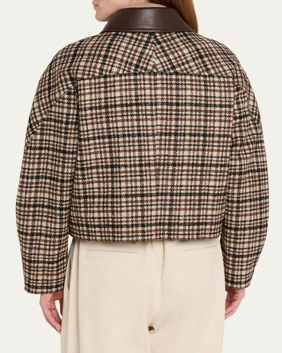 Brunello Cucinelli Leather-Collar Check Boxy Car Coat | Thumbnail 3 Brunello Cucinelli Leather-Collar Check Boxy Car Coat | Thumbnail 3