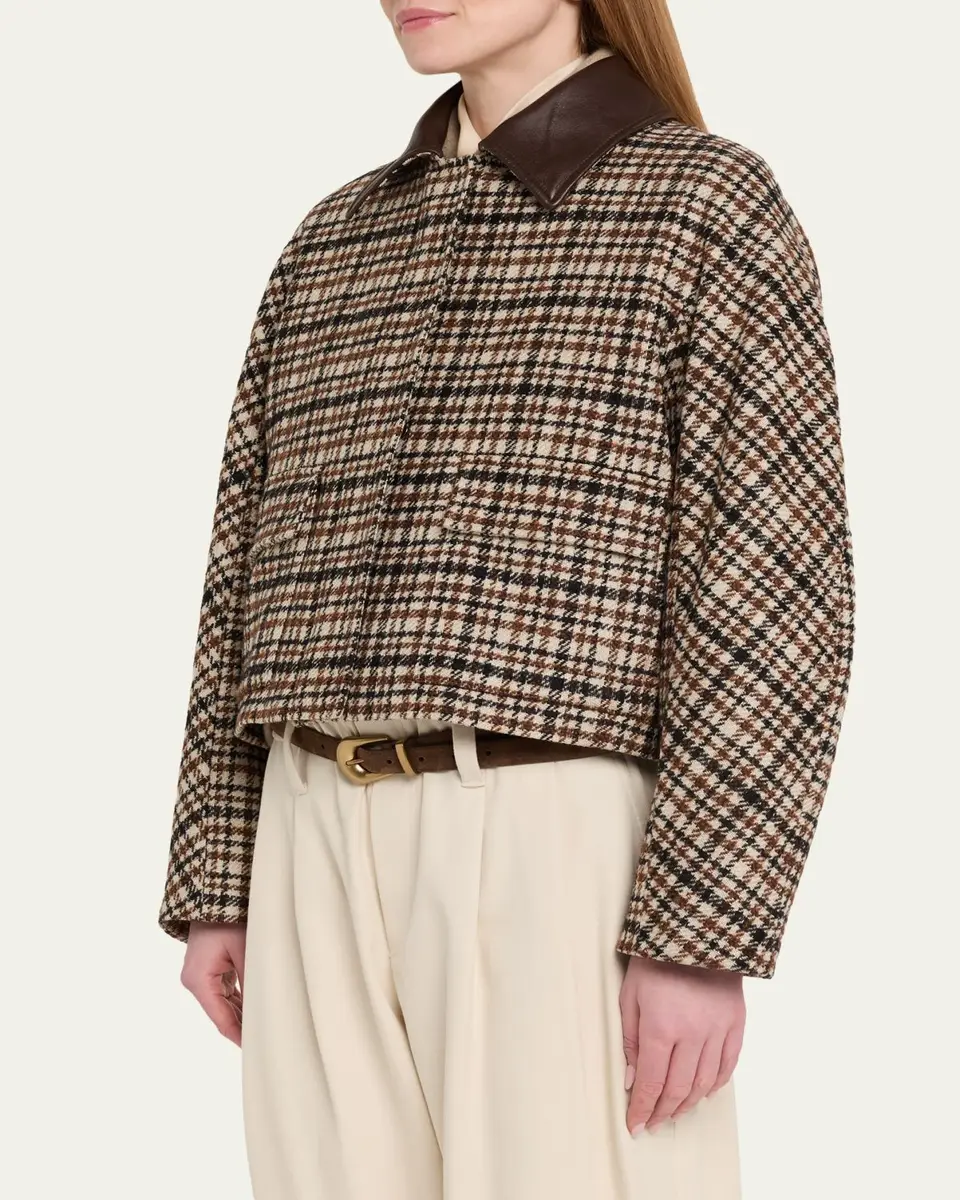 Brunello Cucinelli Leather-Collar Check Boxy Car Coat | Thumbnail 4 Brunello Cucinelli Leather-Collar Check Boxy Car Coat | Thumbnail 4