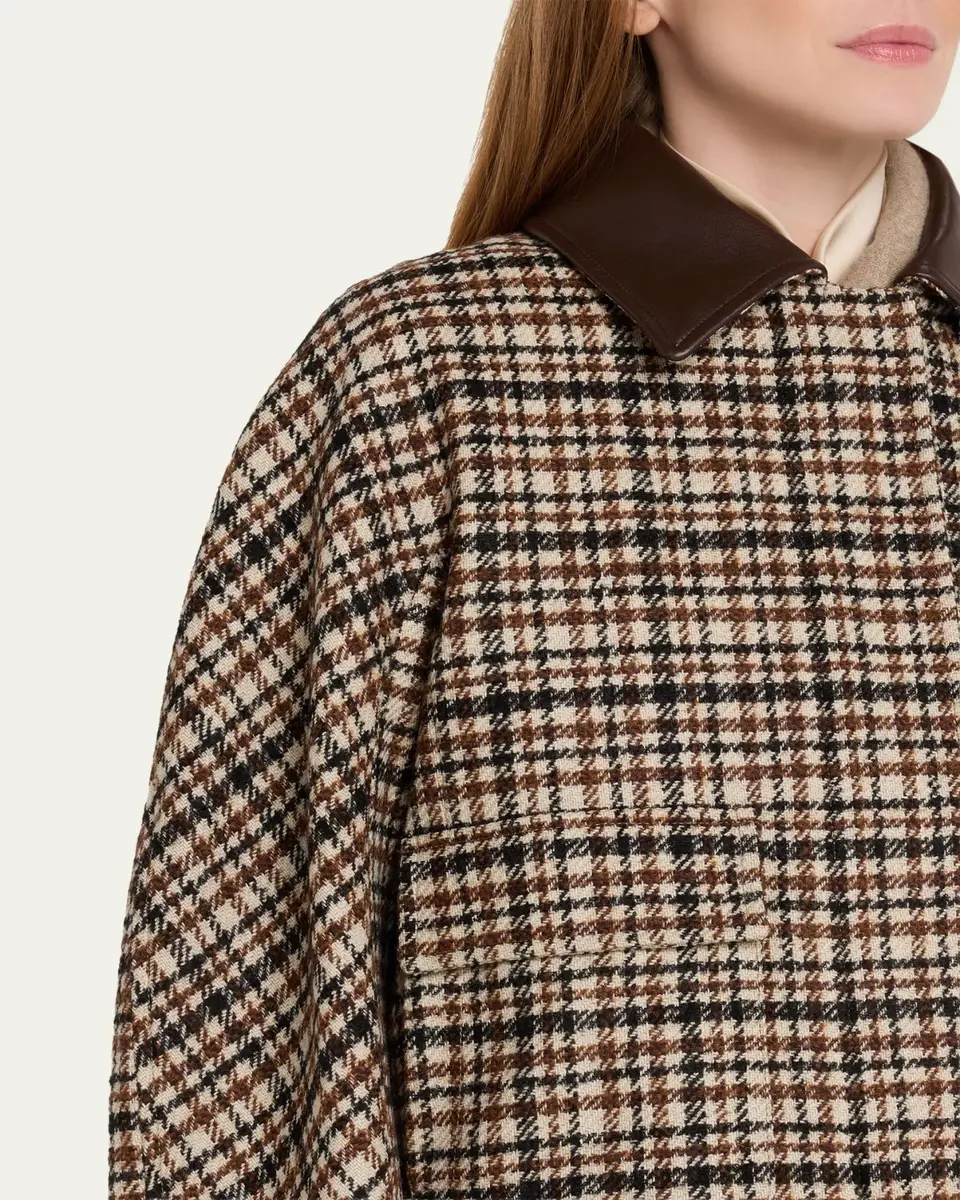 Brunello Cucinelli Leather-Collar Check Boxy Car Coat | Thumbnail 5 Brunello Cucinelli Leather-Collar Check Boxy Car Coat | Thumbnail 5